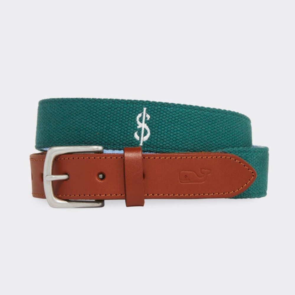 Vineyard Vines Kentucky Derby Embroidered Dollar Signs Canvas Club Belt, Size 34